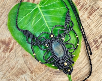 Macrame Necklace Pendant Jewelry Labradorite Stone Cord Handmade Bohemian necklace bohemian chic gemstone choker N314