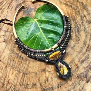 Macrame Necklace Pendant Jewelry Tiger Eye Stone Cord Handmade Bohemian necklace bohemian chic gemstone Brass Hasli choker H011