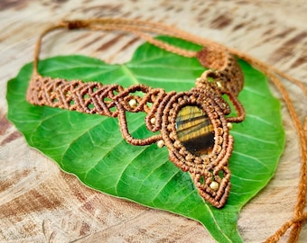 Macrame Necklace Pendant Jewelry Tiger eye Stone Cord Handmade Bohemian necklace bohemian chic gemstone choker N260