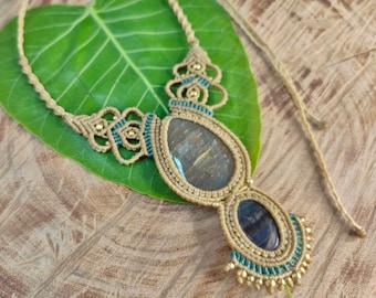 Macrame Necklace Pendant Jewelry Labradorite Stone Cord Handmade Bohemian necklace bohemian chic gemstone choker N311