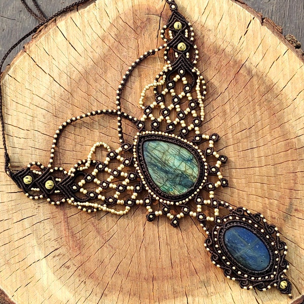 Big Macrame Necklace Pendant Jewelry 2 Labradorite Stone Cord Handmade Bohemian necklace bohemian chic gemstone choker N069