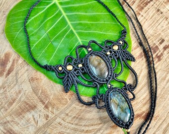 Macrame Necklace Pendant Jewelry Labradorite Stone Cord Handmade Bohemian necklace bohemian chic gemstone choker N316