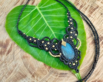 Macrame Necklace Pendant Jewelry Labradorite Stone Cord Handmade Bohemian necklace bohemian chic gemstone choker N315