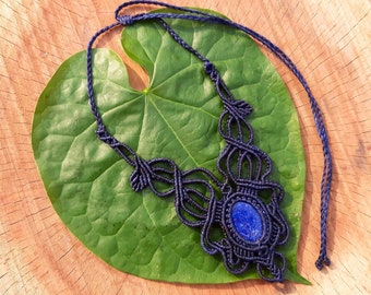 Macrame Necklace Pendant Jewelry Lapiz Lazuli Stone Cord Handmade Bohemian necklace bohemian chic gemstone choker N003