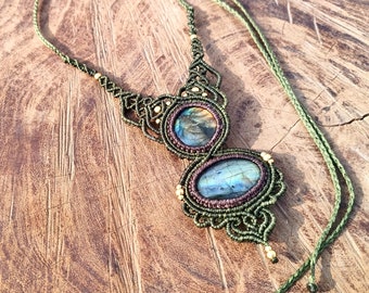 Macrame Necklace Pendant Jewelry Labradorite Stone Cord Handmade Bohemian necklace bohemian chic gemstone choker N189