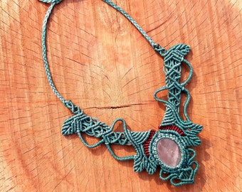 Macrame Necklace Pendant Jewelry Rose Quartz Stone Cord Handmade Bohemian necklace bohemian chic gemstone choker N005