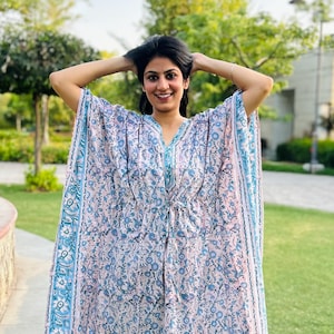 Hand Block Printed Cotton Kaftan: Floral Boho Loungewear