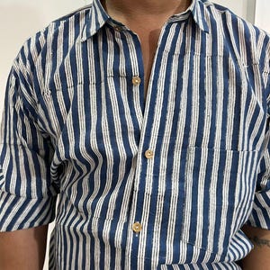 Cotton Mans Shirt, Long Sleeve Shirt, Blue Block Print Cotton Shirt, Handmade Soft Cotton Shirt,  Indigo Vertical Stripes , Gift For Him