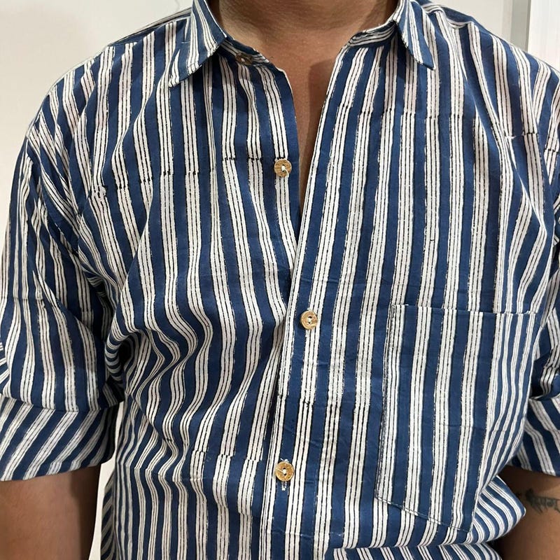 Polka Stripe block B&W button shirt