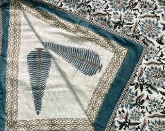Handblock Printed Cotton Dohar: Teal Floral Jaipuri Quilt (60x90 inches) Reversible