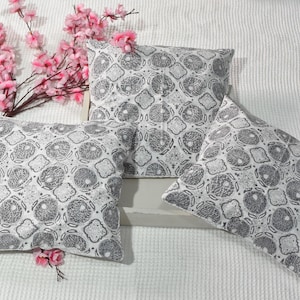 Handcrafted Block Print  Reversible Grey Floral  Geometric Design cushion Covers , Handmade Block Printed , 100% Cotton ,Throw  Pillow Cover