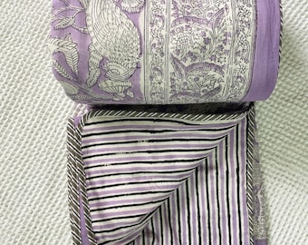Hand Block Printed Cotton Dohar: Reversible Floral Quilt
