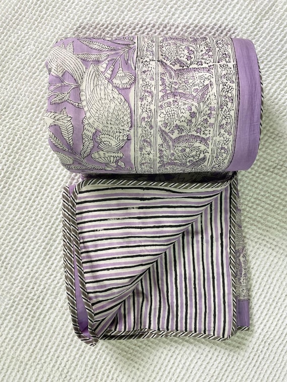 Hand Block Printed Cotton Dohar: Reversible Floral Quilt