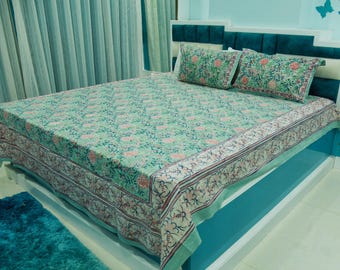 Floral Hand Block Print Cotton Bed Sheet: King Size Boho Bedding