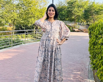 Floral Print Cotton Maxi Dress - Bohemian Style Long Dress with Puffed Sleeves