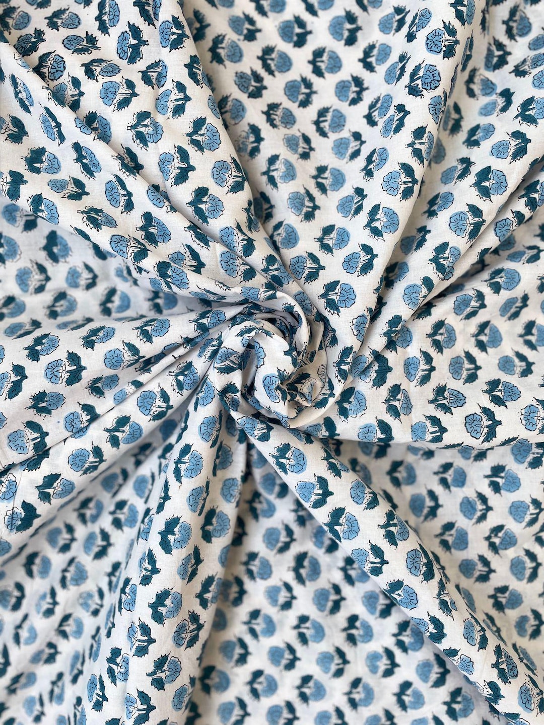 Blue Butti Hand Block Printed Cotton Fabric main image 1