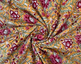 Hand Block Print Cotton Fabric: Mustard Floral Sanganeri Textile