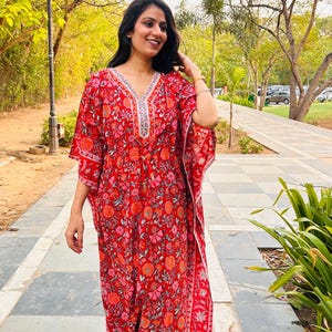 Hand Block Printed Cotton Kaftan: Red Floral Boho Loungewear