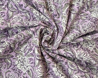 Hand Block Printed Cotton Fabric: Purple Floral Jaal, Indian Dressmaking Fabric