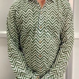 Cotton Mans Shirt, Long Sleeve Shirt, Olive Green Block Print Cotton Shirt, Handmade Soft Cotton Shirt, Striped Print Shirt, Gift For Him