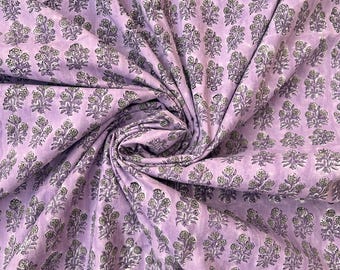 Hand Block Printed Cotton Fabric: Purple Floral Sanganeri Print