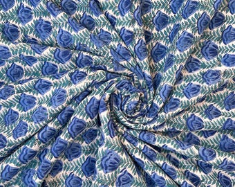 Indian Block Print Cotton Fabric, Blue Floral Fabric by the Yard