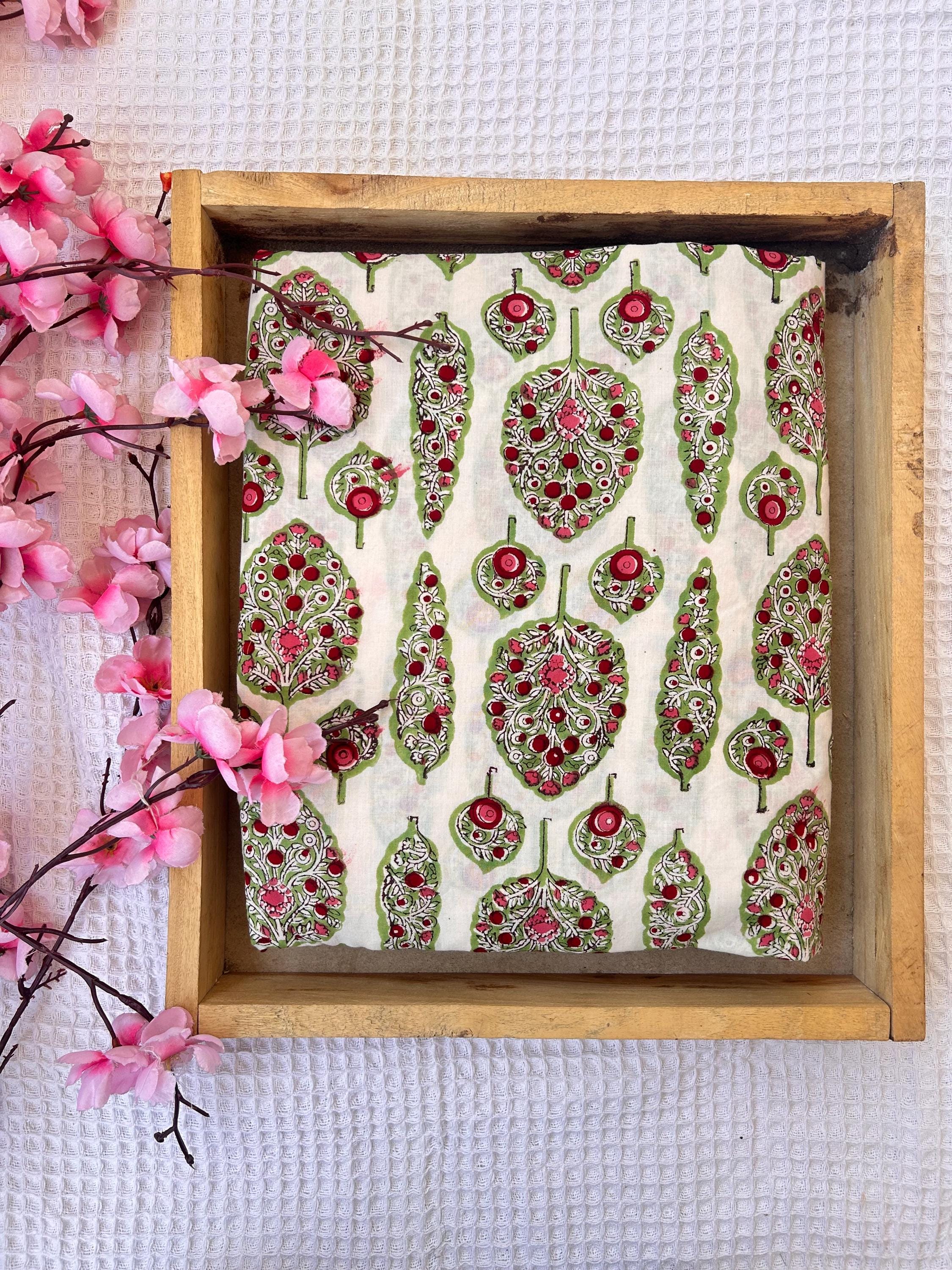 Hand Block Printed Cotton Fabric | Leaf & Floral Motif on White Green | Indian Artisan Textile by the Yard Dress Making Fabric , handmade