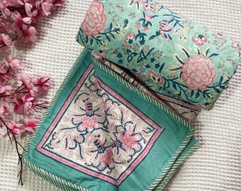 Hand Block Printed Cotton double Bed Dohar | Reversible Floral Quilt | Lightweight Summer Blanket | Indian Jaipuri Razai