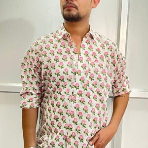 Cotton Mans Shirt, Long Sleeve Shirt, Pink Block Print Cotton Shirt, Handmade Soft Cotton Shirt, floral Print Shirt, Gift For Him