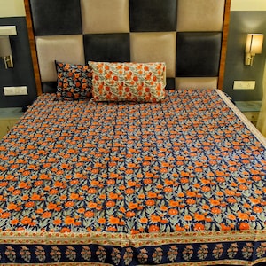 Cotton Hand Block Print Bed Sheet, 90&quot;x108&quot; Floral  Boho Design King Soft Cotton Flat Sheet Set, blue Bedsheet For Home Decor