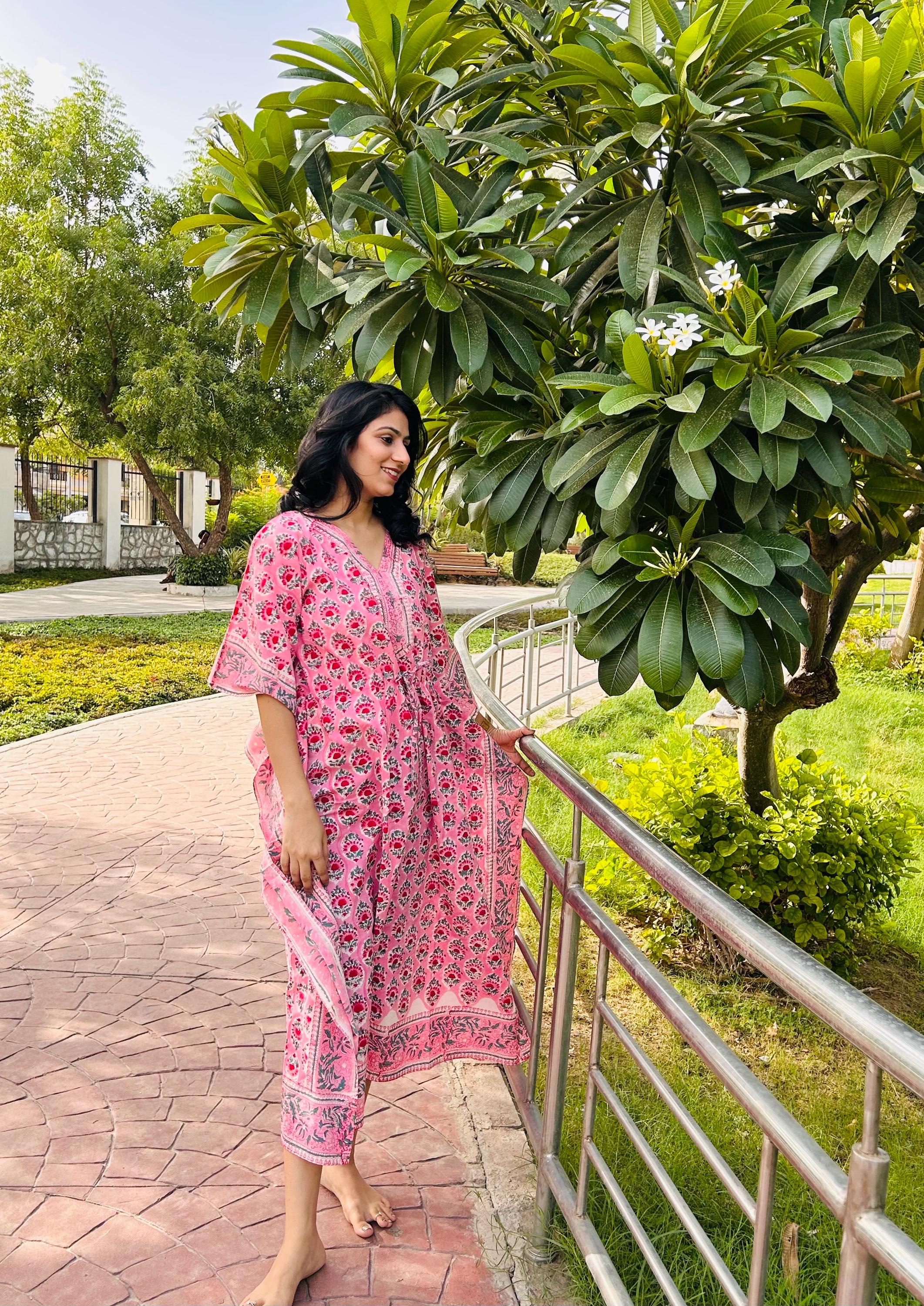 Pink Floral Handblock Cotton Kaftaan Dress