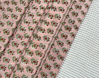 Tela de algodón estampada a mano: Estampado floral Sanganeri, corte a medida para confección.
