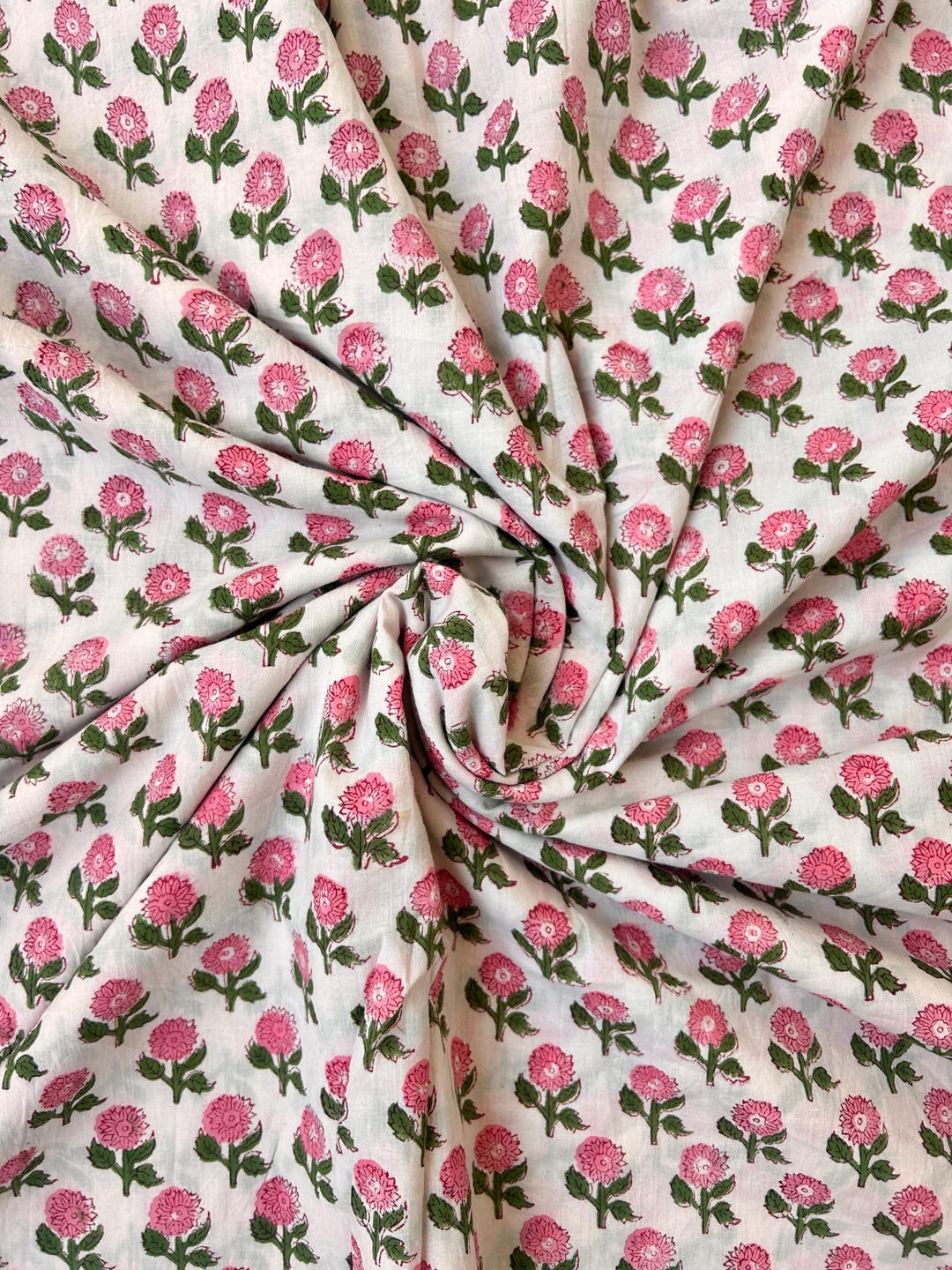 PINK FLOWER HANDBLOCK COTTON FABRIC