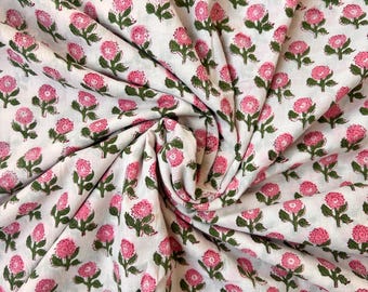 Indian Block Printed Cotton ,Hand Block Printed Cotton Fabric, Pink Floral Motif, Indian Textile,  Fabric by Yard,