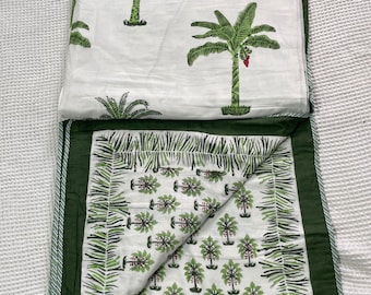 Hand Block Printed Cotton Dohar: Reversible Floral Quilt, Lightweight Summer Blanket