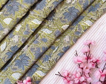 Hand Block Printed Cotton Fabric: Olive Green Floral, India Jaipur