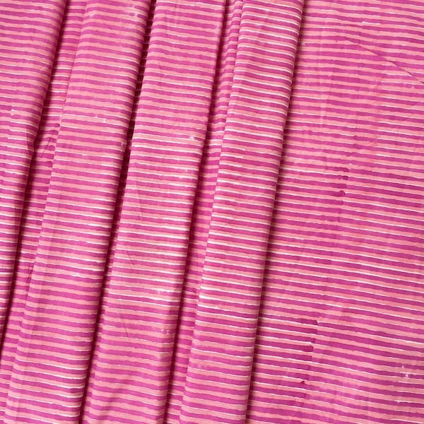 Hand Block Printed Cotton Fabric: Magenta Pink Stripes, Dressmaking Material