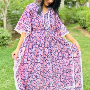 Hand Block Printed Cotton Kaftan: Boho Floral Loungewear