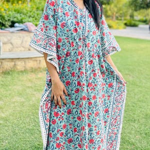 Hand Block Printed Cotton Kaftan, Relaxed Resort Wear, Soft Lightweight Loungewear , beach cover up, Loose Kimono ,Indian Block Print Caftan