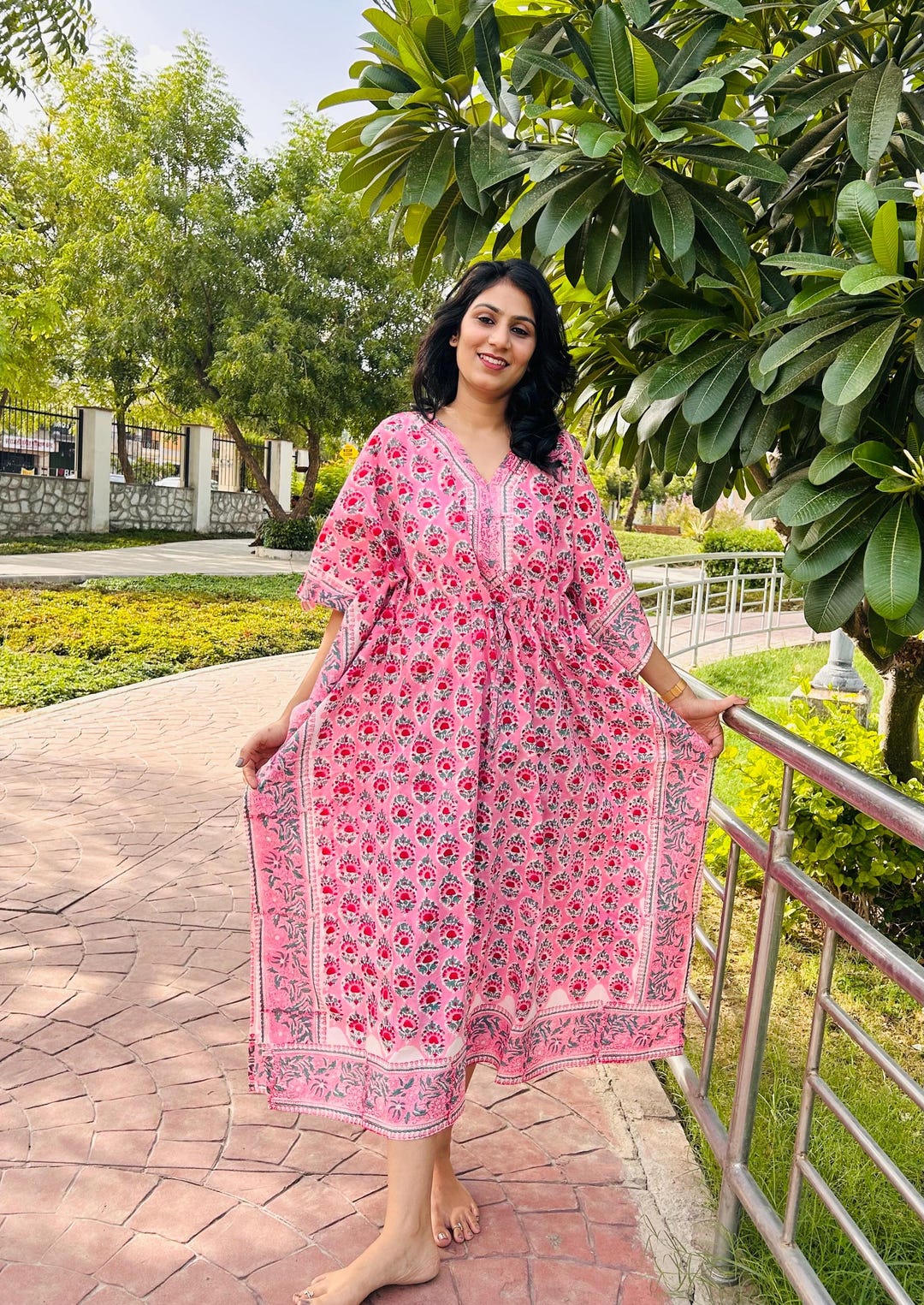 Coral Pink Floral Hand Block Printed Cotton Midi Dress – Puff Sleeve Boho Indian Dress