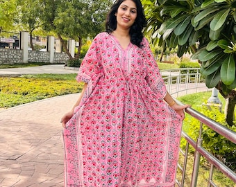 Pink Hand Block Printed Cotton Kaftan – Floral Boho Lounge Dress | Ethnic Resort Wear | One Size Comfort Fit ,Summer Dress , Beach Cover