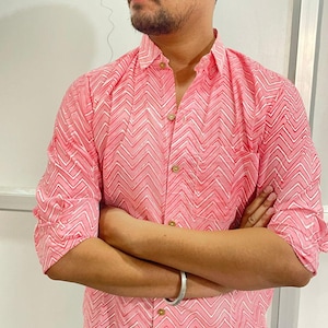 Cotton Mans Shirt, Long Sleeve Shirt, Pink Block Print Cotton Shirt, Handmade Soft Cotton Shirt, Striped Print Shirt, Gift For Him
