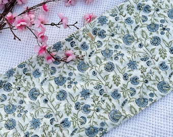 Hand Block Printed Cotton Fabric – Blue & Green Floral on White