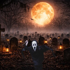 May include: A Halloween image of a graveyard at night, with a large orange moon in the sky. A person in a Scream mask and black robe runs through the cemetery, holding a knife. Lanterns light the tombstones and crosses.