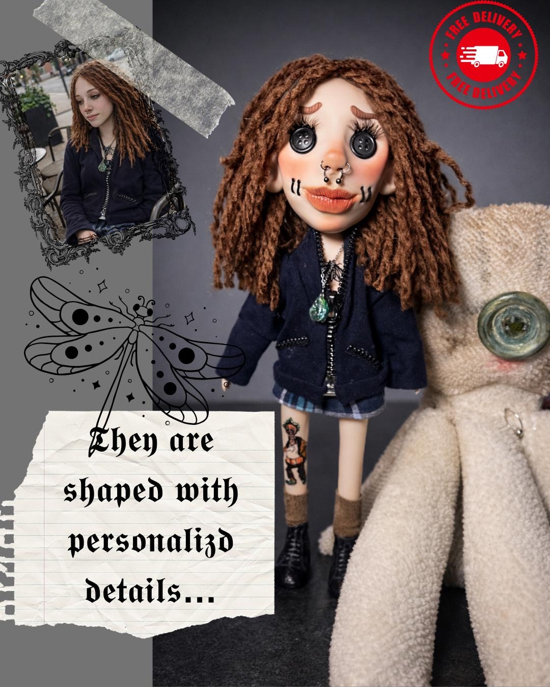 Button Craft Drawing Custom Spooky Mini Me Art Doll, Personalized Button Eyes, Handmade Goth ...