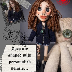 May include: A doll with brown yarn hair, button eyes, and a nose ring, wearing a dark blue zip-up jacket, a plaid skirt, and black boots. The doll has a tattoo on its leg and stands next to a beige plush toy with a single large button eye.