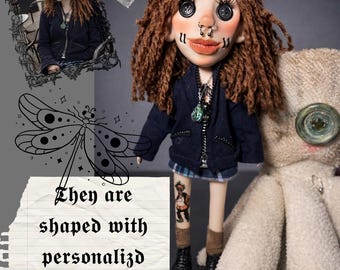 Custom Spooky Mini Me Art Doll, Personalized Button Eyes, Handmade Goth Gift