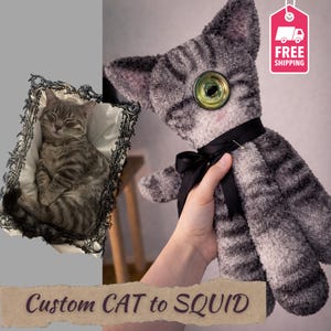 Op de afbeelding: Een pluche kattenknuffel met een groot, groen oog en gestreepte grijs en witte vacht. Het speelgoed heeft een zwart lint en wordt in een hand gehouden. Een echte kat zit in een decoratieve lijst. De tekst "Custom CAT to SQUID" staat onderaan.