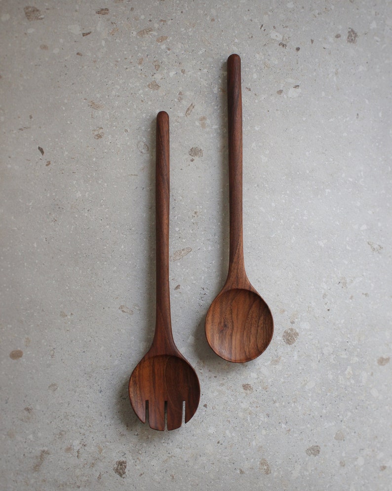 Walnut serving spoons. Wood utensils for salad bowls. Finish with coconut oil and beeswax.