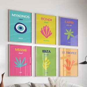 SET OF 6 TRAVEL Famous places prints, Mykonos Ibiza Maimi Bondi Print Aesthetic Wall Collage Preppy Room Decor